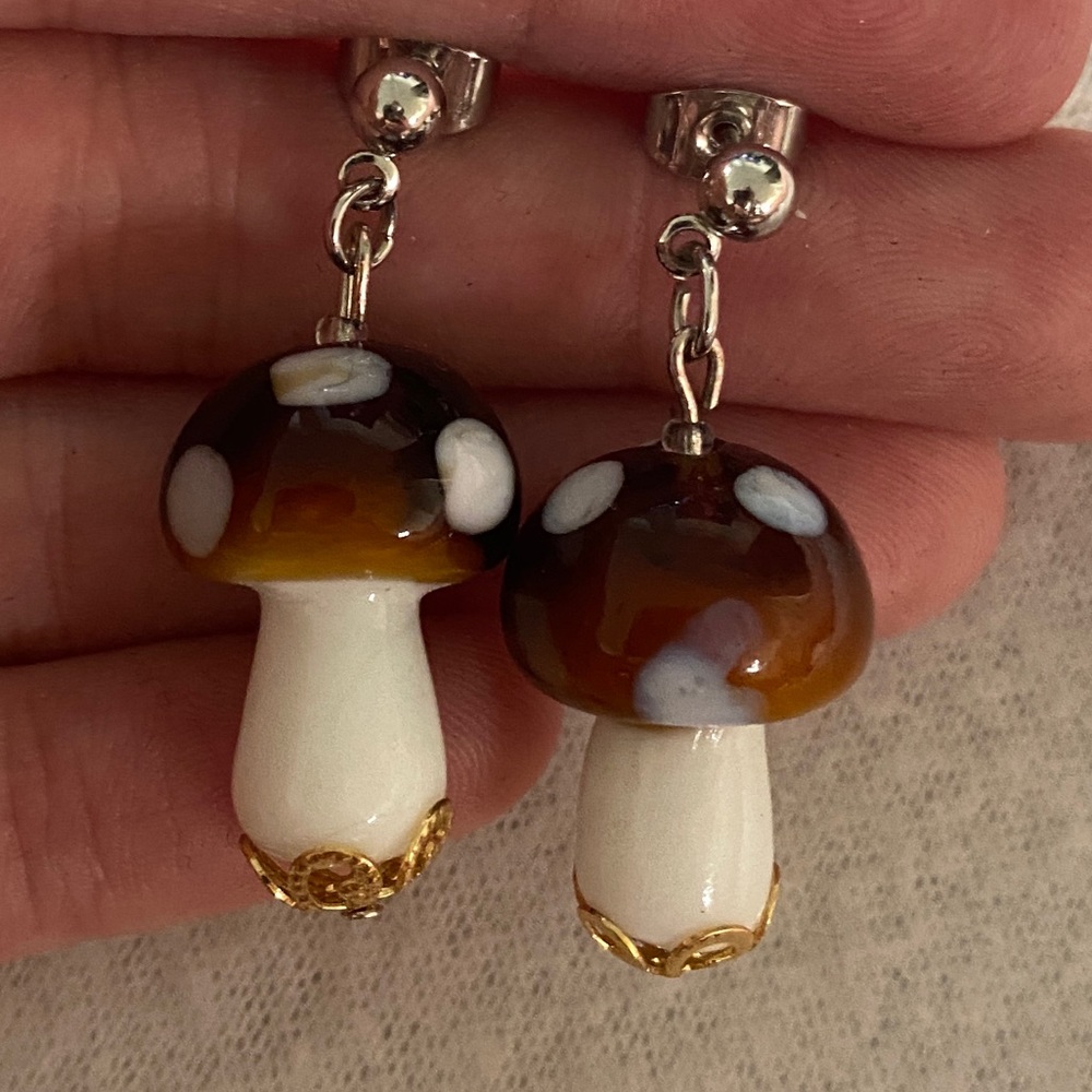 Handmade Glass Mushroom Earrings - Picture 2 of 3